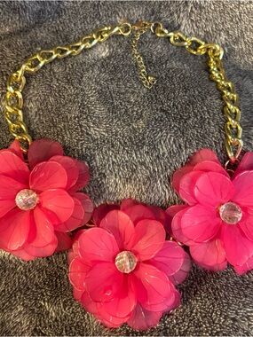 New York & Company Gold-Tone Chain Necklace with Hot Pink Floral Pendants
